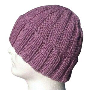 Handmade Women's Rib Wide Cuff Beanie Hat Cap Wool Blend Knit Old Rose Pink